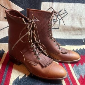 Classic Brown Leather Men's Lace-Up Cowboy Boots by Larry Mahan 11 D